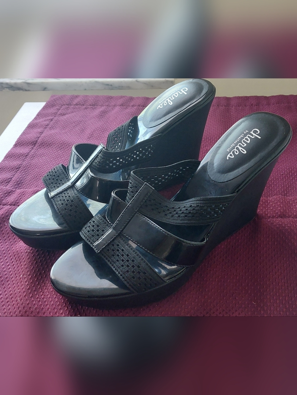 Charles David  Black Patent Wedge Slide Sandals